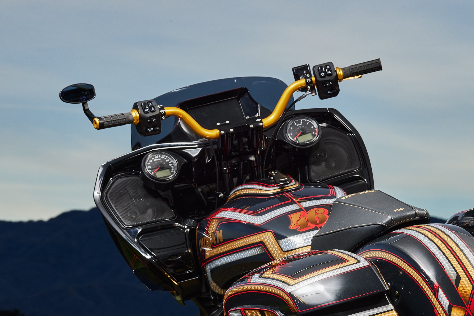 Barnstorm Dash Kit installed on 2020+ Indian Challenger—relocated dash, black finish